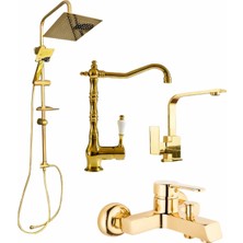 Fulcie Gold Robot Golt Rustik Eviye Bataryası-Kare Lavabo Bataryası 4’lü Altın Set Eviye Set