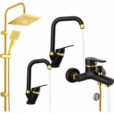 Gold Kare Robot Seti, Siyah Gold Banyo, Lavabo, Mutfak Bataryası Çeşmesi 4’lü Set