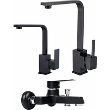 Siyah Kare Evye Lavabo Banyo Bataryası 3 Lü Set Lüks ve Modern Seri