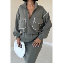 Adisia Haki Biyeli Sweatshirt ve Etek Takım