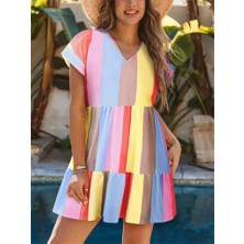 Adisia Kadın Kısa Kollu V Yakalı Şerit Desenli Süprem Elbise