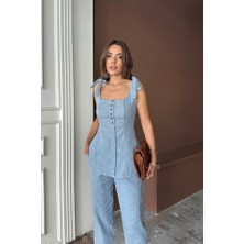 Adisia Şantuk Keten Yelek Görünümlüaskılı Bluz - Pantolon Tk - Mavi