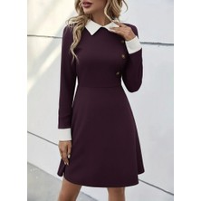 Adisia Kadın Uzun Kollu Yakalı Düğmeli Mürdüm Modal Mini Elbise