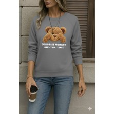 Adisia Kadın Uzun Kollu Bisiklet Yaka Ayıcık Desenli Viskon Iki Iplik Bluz