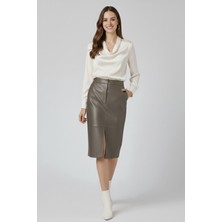 Deriderim Gri Lina Yırtmaç Detaylı Midi Hakiki Deri Kadın Etek