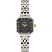 Demari Kadın Kol Saati Quartz Mekanizma – Gold & Gümüş Kare Kasa Çizgili Siyah Kadran Taş Detaylı DM-00114L-D2