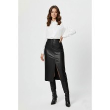 Deriderim Stella Hakiki Deri Siyah Yırtmaçlı Midi Kalem Etek