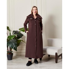 Zer Otantik Şık Yakalı Kapüşonlu Düğmeli Uzun Kaban Kahverengi