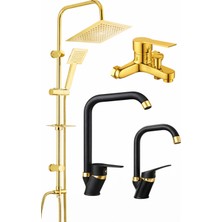 Gold Duş Sistemi + Siyah Kuğ Köşe Borulu Gold Mutfak-Lavabo Bataryası Seti-4lü Set