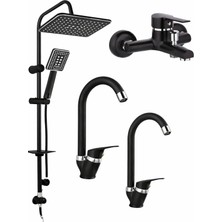 Musluq Siyah Duş Seti Yağmurlama Duş Başlığı 4lü Lavabo Banyo Eviye Set Ultra Lüks Setler