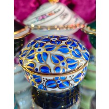 Manushum El Boyama Porselen Kapaklı Kuşlu Yuvarlak Lokumluk-Lacivert