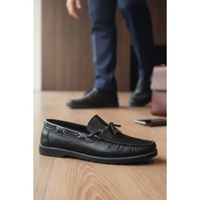 Enoch Hakiki Deri Siyah Bağcık Detaylı Erkek Klasik Deck Ayakkabı