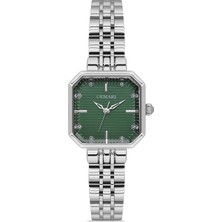 Demari Kadın Kol Saati Quartz Mekanizma – Gümüş Renk Kare Kasa Çizgili Yeşil Kadran Taş Detaylı DM-00114L-A10
