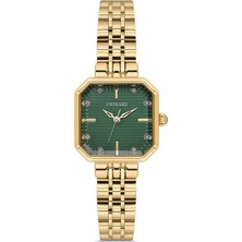 Demari Kadın Kol Saati Quartz Mekanizma – Gold Renk Kare Kasa Çizgili Yeşil Kadran Taş Detaylı DM-00114L-B10