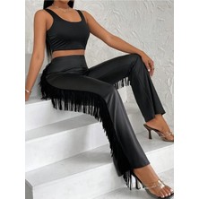 byasafkids Kadın Yüksek Bel Yanlardan Püsküllü Deri Pantolon