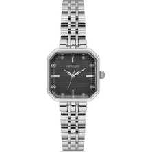 Demari Kadın Kol Saati Quartz Mekanizma – Gümüş Renk Kare Kasa Çizgili Beyaz Kadran Taş Detaylı DM-00114L-A2