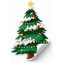 Koliciabla Yılbaşı Çam Ağacı Sticker - Renkli Işıklar ve Karlı Tasarım (4x8 cm) - 70 Adet