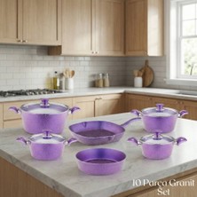 Arzu Çelik 10 Parça Granit Set Cam Kapak - Violet