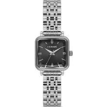Demari Kadın Kol Saati Quartz Mekanizma – Gümüş Renk Kare Kasa Siyah Kadran Taş Detaylı DM-00113L-A2