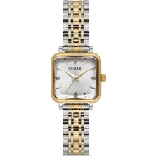 Demari Kadın Kol Saati Quartz Mekanizma – Gold & Gümüş Renk Kare Kasa Beyaz Kadran Taş Detaylı DM-00113L-D1