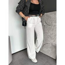 Madame Melek Kadın Yüksek Bel Kemerli Bol Paça Kumaş Pantolon Gri