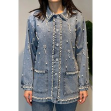 Lale Butik Taş ve Inci Detay Kot Ceket 7444 Denim