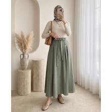 Moda Morfo Önü Düğmeli Bağcıklı Paraşüt Etek -Haki