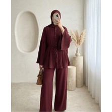 Modamorfo Piliseli Hakim Yaka Düğmeli Krep Takım -Bordo