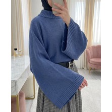 Moda Morfo Yarım Boğaz Krop Triko Kazak -İndigo