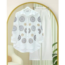 Modamorfo Kolu Ve Önü Nakış İşlemeli Düğmeli Keten Gömlek -Beyaz