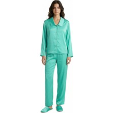 Feu De Elu Amoris Turkuaz Uzun Saten Pijama Takımı