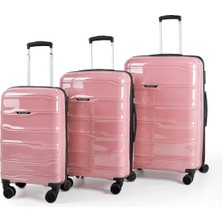 Polo&sky Azra Model Pudra Pembe Pp Polipropilen Kırılmaz 3'lü Kabin Boy + Orta Boy + Büyük Boy Valiz Seti
