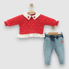 Aden Yakası Çilek Nakışlı Kot Pantolunlu 2'li Kız Bebek Takımı