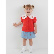 Aden Yakası Çilek Nakışlı Kot Etekli 2'li Kız Bebek Takımı