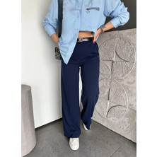 Madame Melek Kadın Yüksek Bel Kemerli Bol Paça Kumaş Pantolon Gri