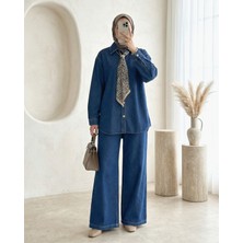 Moda Morfo Bol Paça Beli Lastikli Pantolonlu Fular Detaylı Kot Takım -İndigo