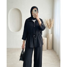 Modamorfo Tünel Bağcıklı Beli Lastikli Pantolonlu Pamuklu Krinkıl Takım -Siyah