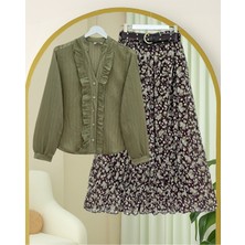 Modamorfo V Yaka Önü Fırfırlı Tensel Yari Transparan Buket Gömlek -Haki