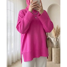 Moda Morfo Etek Ucu ve Kol Manşeti Fitilli Yuvarlak Yaka Yırtmaçlı Triko Tunik -Pembe