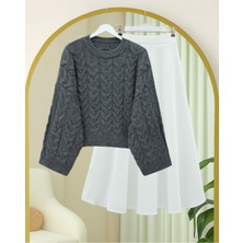 Moda Morfo Örgü Desenli Salaş Krop Triko Kazak  -Füme