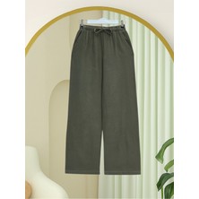 Moda Morfo Beli Lastikli Bağcıklı Bol Paça Müslin Pantolon  -Haki