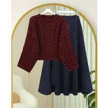 Moda Morfo Örgü Desenli Salaş Krop Triko Kazak -Bordo