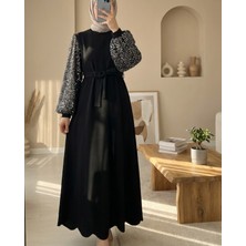 Moda Morfo Kolları Pullu Kemerli İthal Likralı Krep Elbise  -Altın