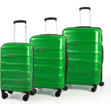 Polo&sky Azra Model Neon Yeşili Pp Polipropilen Kırılmaz 3'lü Kabin Boy + Orta Boy + Büyük Boy Valiz Seti