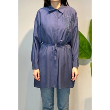 Lale Butik Nakış Işlemeli Oversize Gömlek Tunik 4471 Indigo