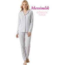 Guava Kadın Gri-Beyaz Çizgili Slim Fit Gömlek Yaka Önden Düğmeli Dar Kalıp Mevsimlik Uzun Kol Pijama Takımı