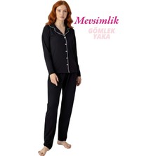 Guava Kadın Siyah Slim Fit Gömlek Yaka Önden Düğmeli Dar Kalıp Mevsimlik Uzun Kol Pijama Takımı