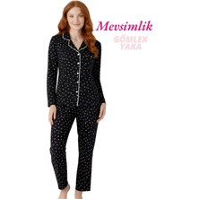 Guava Kadın Siyah Kalp Desenli Slim Fit Gömlek Yaka Önden Düğmeli Dar Kalıp Mevsimlik Uzun Kol Pijama Takımı