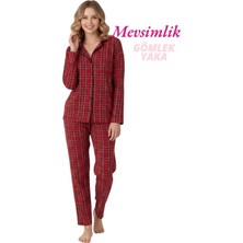 Guava Kadın Kırmızı Ekose Desenli Slim Fit Gömlek Yaka Önden Düğmeli Dar Kalıp Mevsimlik Uzun Kol Pijama Takımı