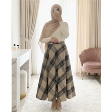 Modamorfo Ekose Desenli Yanı Fermuarlı  Kaşe Çan Etek -Vizon